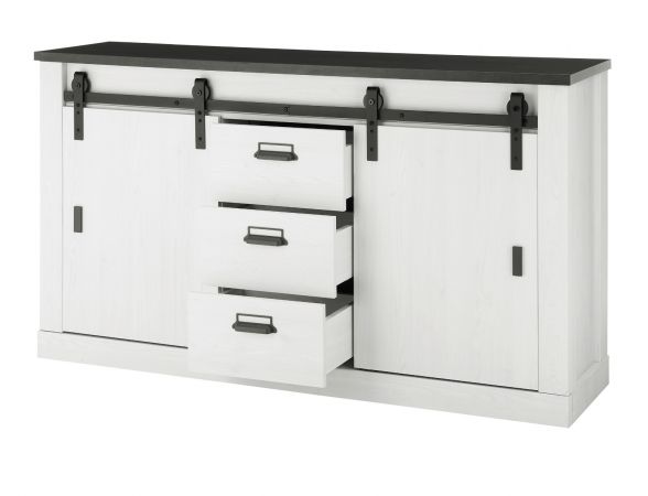 Brombel komplett Set Stove in wei Pinie und anthrazit Landhaus mit Aktenregal, Kommode und Wandregal