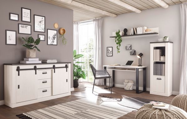Schreibtisch Set mit Rollcontainer Stove in wei Pinie und anthrazit Landhaus