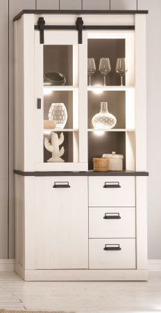 Esszimmer Set Stove in wei Pinie und anthrazit Landhaus Speisezimmer 3-teilig mit Esstisch, Vitrine und Sideboard