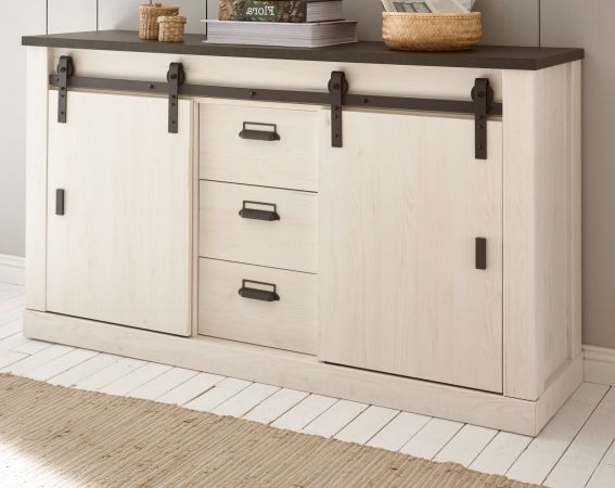 Esszimmer Set Stove in wei Pinie und anthrazit Landhaus Speisezimmer 3-teilig mit Esstisch, Vitrine und Sideboard