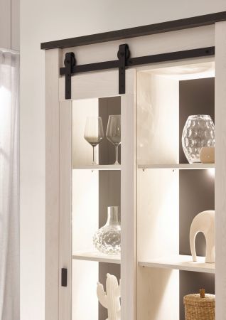 Esszimmer Set Stove in wei Pinie und anthrazit Landhaus Speisezimmer 3-teilig mit Esstisch, Vitrine und Sideboard