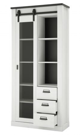Esszimmer Set Stove in wei Pinie und anthrazit Landhaus Speisezimmer 3-teilig mit Esstisch, Vitrine und Sideboard