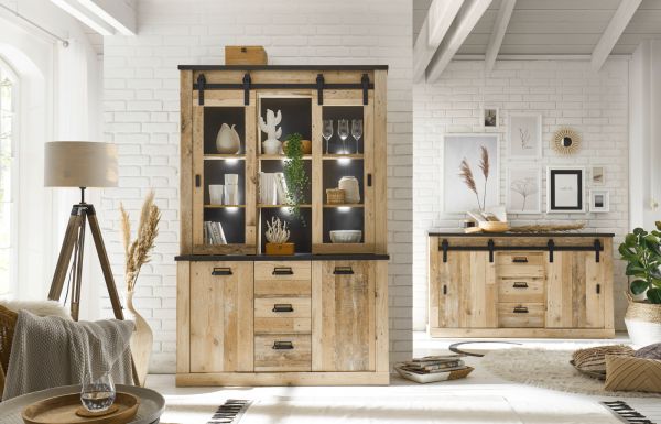Buffetschrank Stove in Old Style hell und anthrazit Vitrinenschrank 133 x 201 cm