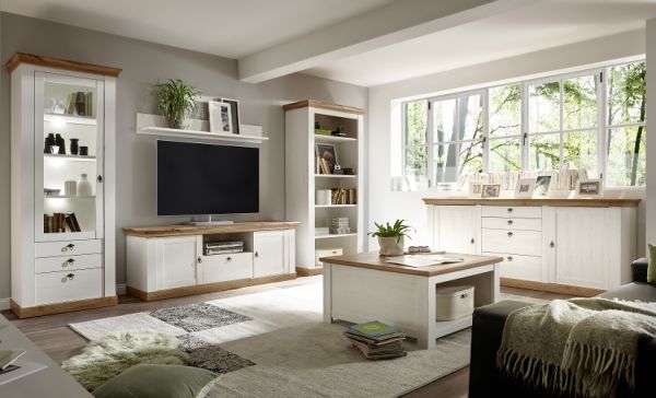 TV-Lowboard Hemsby in wei� Pinie und Eiche Wotan Landhaus TV Unterteil mit Komforth�he 183 x 64 cm