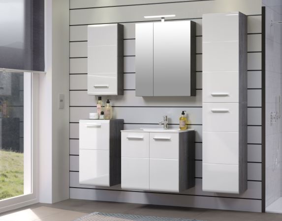 Waschbeckenunterschrank MIT Waschbecken Riva in wei Hochglanz und Rauchsilber grau Waschtisch hngend 62 x 59 cm