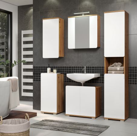 Badezimmer Unterschrank Ciara in wei� Hochglanz und Eiche Artisan Badschrank 37 x 82 cm Badkommode