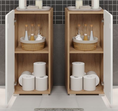 Badezimmer Unterschrank Ciara in wei� Hochglanz und Eiche Artisan Badschrank 37 x 82 cm Badkommode