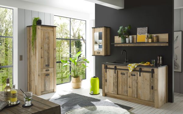 Kche Stove in Used Wood hell und anthrazit Kchenschrank Set 4-teilig