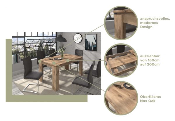 Esstisch Titan in Nox Eiche Kchentisch ausziehbar mit Einlegeplatte 160 - 200 x 90 cm