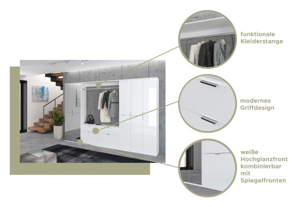 Garderobe mit Spiegel ProjektX in wei Hochglanz Mehrzweckschrank mit Spiegeltr 183 x 193 cm