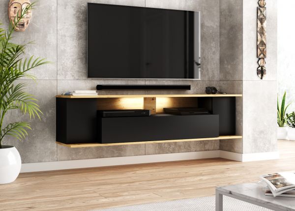 TV-Lowboard Ronja in schwarz und Artisan Eiche TV-Unterteil hngend mit LED Beleuchtung 160 x 39 cm