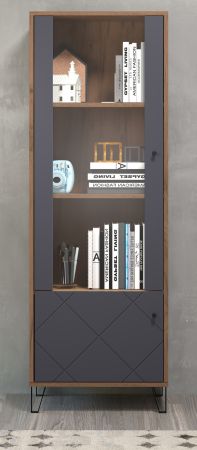 Vitrine Montez in Graphite grau und Eiche Kraft Gold Wohn- und Esszimmer Vitrinenschrank 63 x 172 cm
