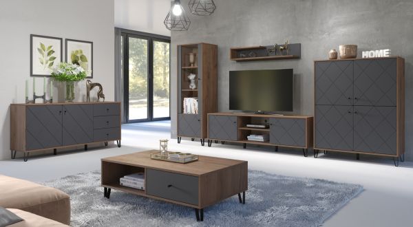 Vitrine Montez in Graphite grau und Eiche Kraft Gold Wohn- und Esszimmer Vitrinenschrank 63 x 172 cm