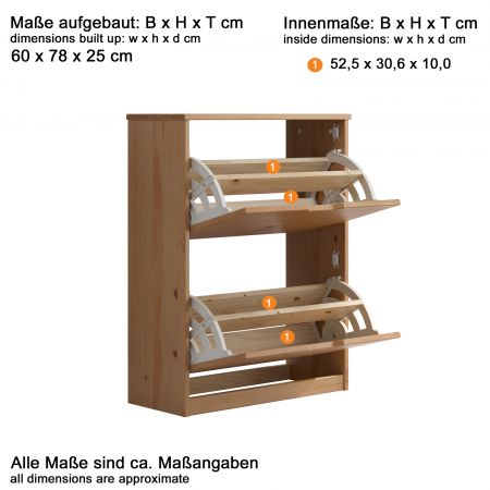 Schuhschrank Mestre in Massivholz Kiefer honigfarben lackiert Schuhkipper 60 x 78 cm