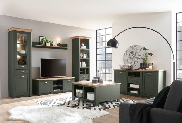 Regal Norwich in grn und Wotan Eiche Landhaus Regalschrank mit Weinregal 147 x 207 cm
