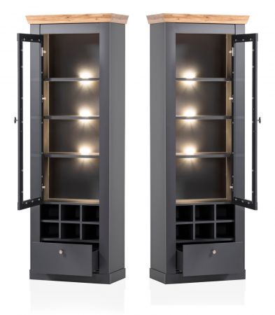 Vitrinenschrank Ribera in grau und Wotan Eiche Landhaus Wohn- und Esszimmer Vitrine 72 x 201 cm