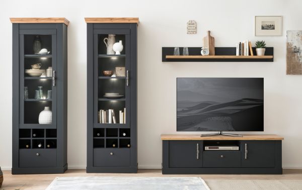 Vitrinenschrank Ribera in grau und Wotan Eiche Landhaus Wohn- und Esszimmer Vitrine 72 x 201 cm