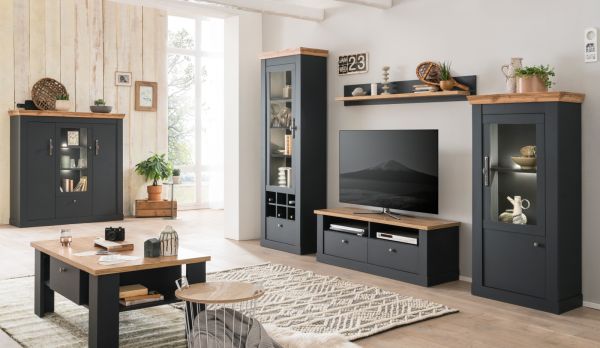 Vitrinenschrank Ribera in grau und Wotan Eiche Landhaus Wohn- und Esszimmer Vitrine 72 x 201 cm