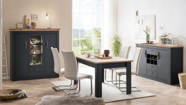 Vitrinenschrank Ribera in grau und Wotan Eiche Landhaus Wohn- und Esszimmer Vitrine 72 x 201 cm