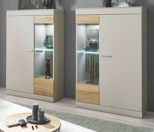 Schrank Set 2-teilig Griego in Kieselgrau matt und Zinneiche Wohnkombination 2 x Vitrine 190 x 139 cm