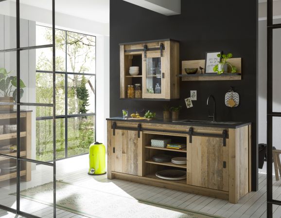 Kche Stove in Used Wood hell und anthrazit Kchenschrank Set 3-teilig