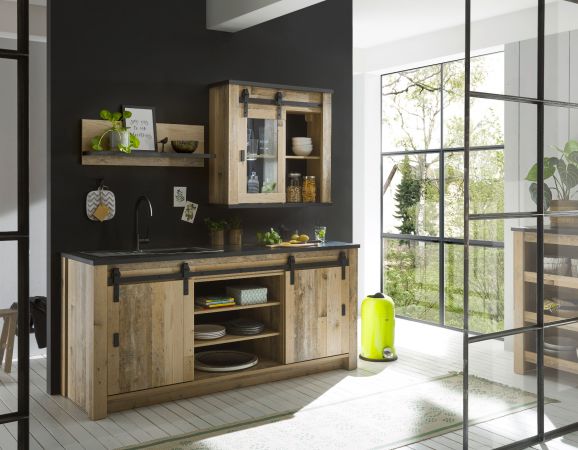 Kche Stove in Used Wood hell und anthrazit Kchenschrank Set 3-teilig