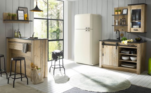 Kche mit Theke Stove in Used Wood hell und anthrazit Kchenschrank Set 5-teilig