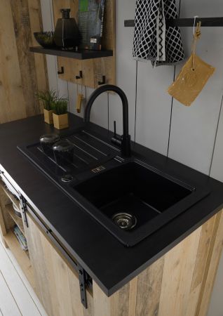 Kche mit Theke Stove in Used Wood hell und anthrazit Kchenschrank Set 5-teilig