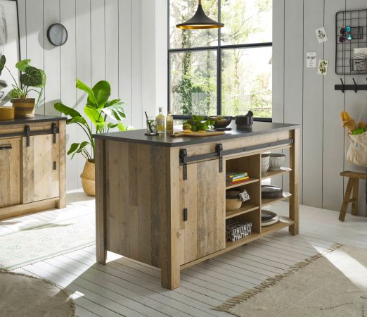 Kcheninsel Stove in Used Wood hell und anthrazit Kchenschrank freistehend 162 x 77 cm
