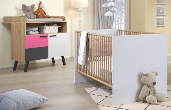 Babyzimmer Mats Color in Bianco Buche mit blau oder rosa komplett Set 2-teilig mit Wickelkommode und Babybett