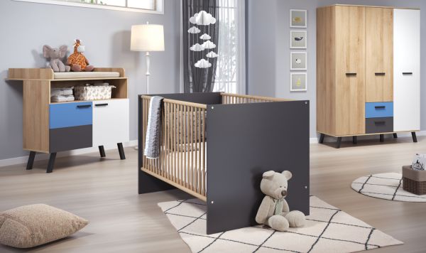 Babyzimmer Mats Color in Bianco Buche mit blau oder rosa komplett Set 3-teilig mit Wickelkommode, Babybett und XL Kleiderschrank