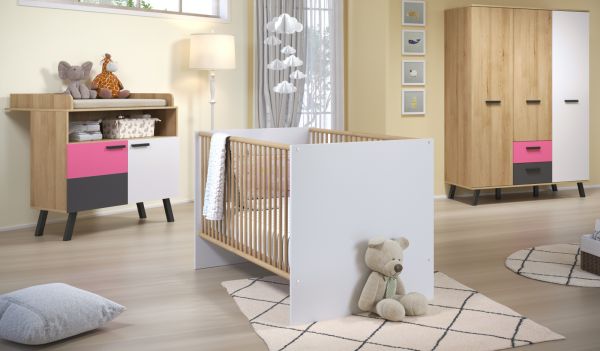 Babyzimmer Mats Color in Bianco Buche mit blau oder rosa komplett Set 3-teilig mit Wickelkommode, Babybett und XL Kleiderschrank