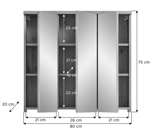 Badezimmer Spiegelschrank Grado in Nox Eiche Badschrank 3-trig 80 cm