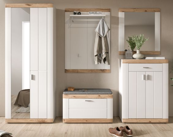 Garderobe Set 5-teilig Laredo in wei matt und Nox Eiche Landhaus Garderobenkombination 260 x 193 cm