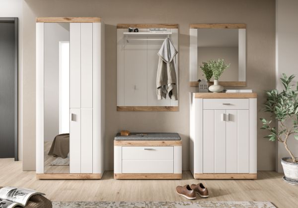 Garderobe Set 5-teilig Laredo in wei matt und Nox Eiche Landhaus Garderobenkombination 260 x 193 cm