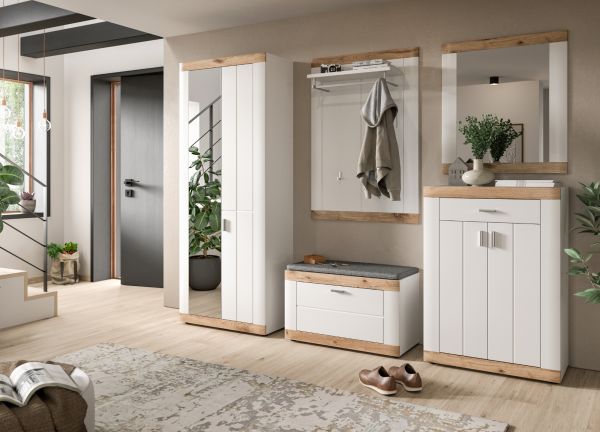 Garderobe Set 5-teilig Laredo in wei matt und Nox Eiche Landhaus Garderobenkombination 260 x 193 cm