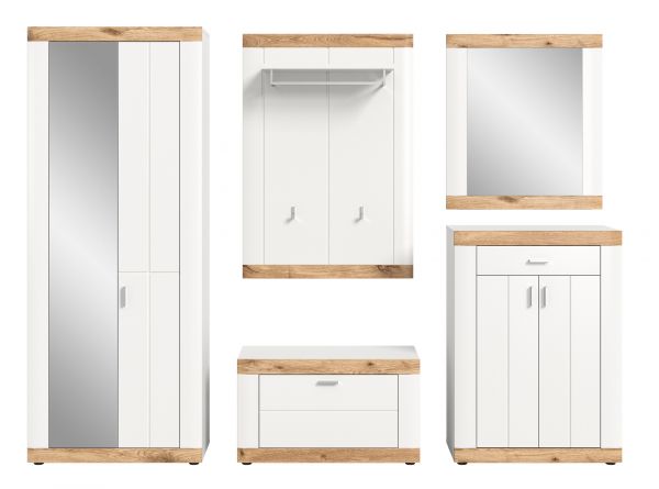 Garderobe Set 5-teilig Laredo in wei matt und Nox Eiche Landhaus Garderobenkombination 260 x 193 cm