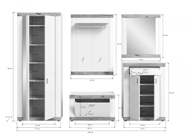 Garderobe Set 5-teilig Laredo in wei matt und Nox Eiche Landhaus Garderobenkombination 260 x 193 cm