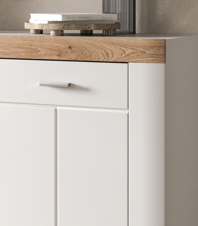 Highboard Laredo in wei matt und Nox Eiche Landhaus Wohn- und Esszimmer Vitrine 117 x 142 cm