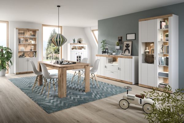 Highboard Laredo in wei matt und Nox Eiche Landhaus Wohn- und Esszimmer Vitrine 117 x 142 cm