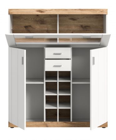 Highboard Laredo in wei matt und Nox Eiche Landhaus Wohn- und Esszimmer Vitrine 117 x 142 cm