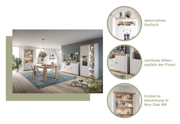 Highboard Laredo in wei matt und Nox Eiche Landhaus Wohn- und Esszimmer Vitrine 117 x 142 cm