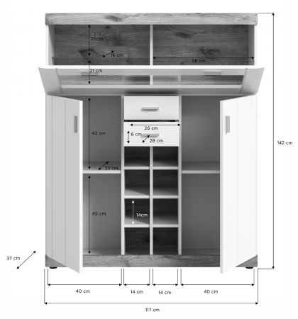 Highboard Laredo in wei matt und Nox Eiche Landhaus Wohn- und Esszimmer Vitrine 117 x 142 cm