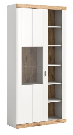 Vitrine Laredo in wei matt und Nox Eiche Landhaus Wohn- und Esszimmer Vitrinenschrank 100 x 206 cm