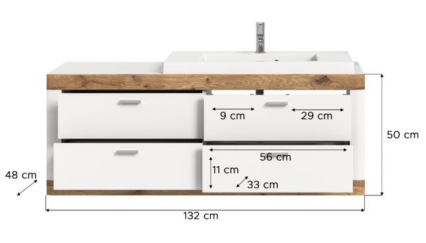 Waschbeckenunterschrank MIT Waschbecken Laredo in wei matt und Nox Eiche Landhaus Waschtisch hngend 133 cm