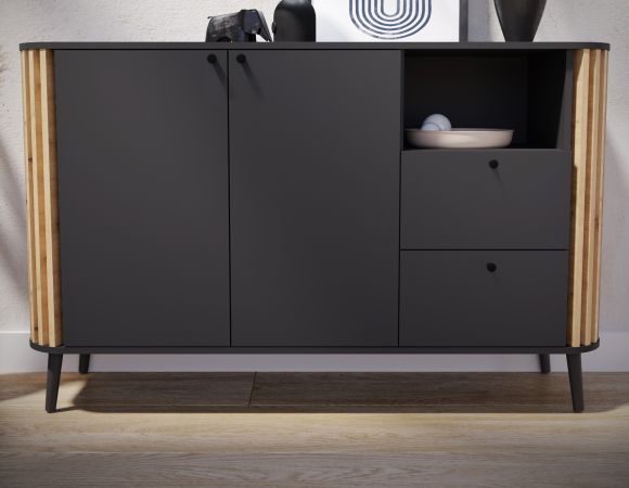 Sideboard Pure in grau und Artisan Eiche mit 3D-Lamellen Wohn- und Esszimmer Kommode 138 cm