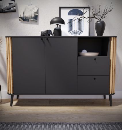 Sideboard Pure in grau und Artisan Eiche mit 3D-Lamellen Wohn- und Esszimmer Kommode 138 cm