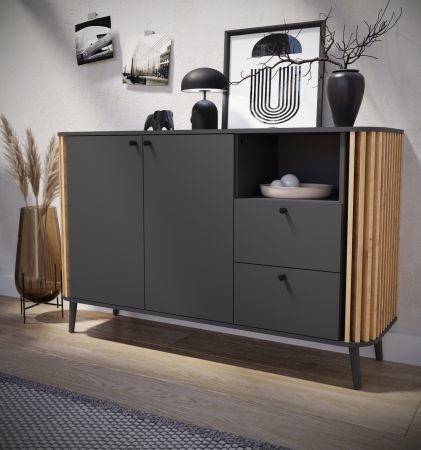 Sideboard Pure in grau und Artisan Eiche mit 3D-Lamellen Wohn- und Esszimmer Kommode 138 cm