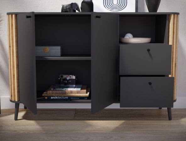 Sideboard Pure in grau und Artisan Eiche mit 3D-Lamellen Wohn- und Esszimmer Kommode 138 cm