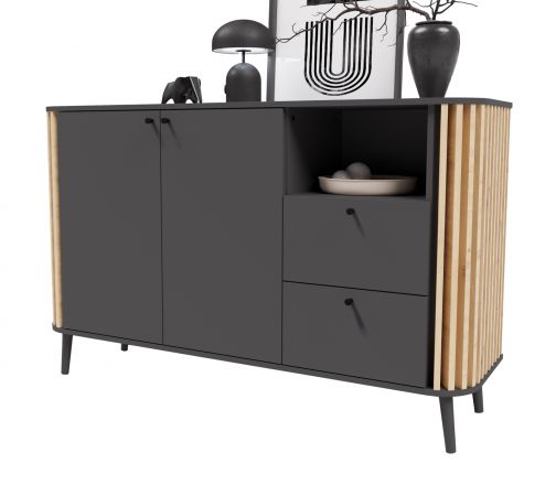 Sideboard Pure in grau und Artisan Eiche mit 3D-Lamellen Wohn- und Esszimmer Kommode 138 cm